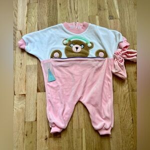 Vintage Rattles Baby Girl Oversized Pink Velour Bear Sleeper Romper Mitts 80s